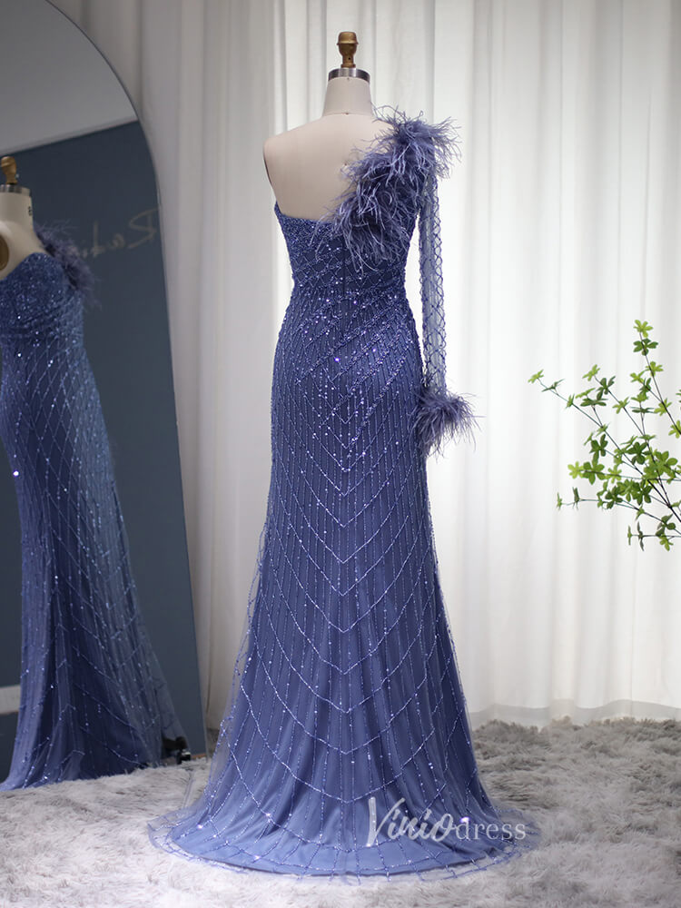 Beaded Navy Blue Prom Dresses One Shoulder Feather Long Sleeve Evening Dress 2008-prom dresses-Viniodress-Viniodress