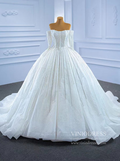 Beaded Off the Shoulder Long Sleeve Wedding Gown VW2036-wedding dresses 2025 -Viniodress-Ivory-Custom Size-