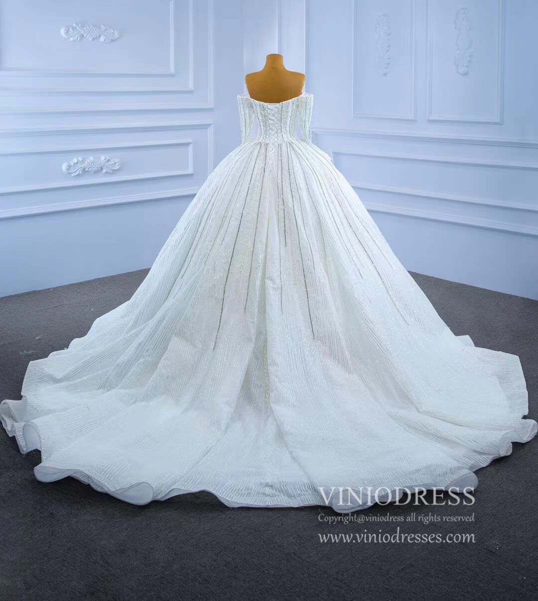 Beaded Off the Shoulder Long Sleeve Wedding Gown VW2036-wedding dresses 2025 -Viniodress-Ivory-Custom Size-