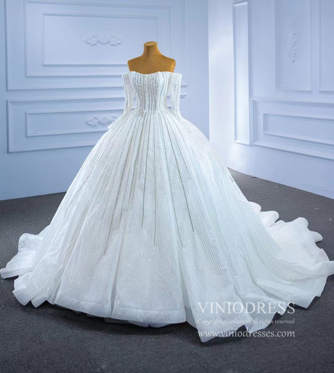 Beaded Off the Shoulder Long Sleeve Wedding Gown VW2036-wedding dresses 2025 -Viniodress-Ivory-Custom Size-