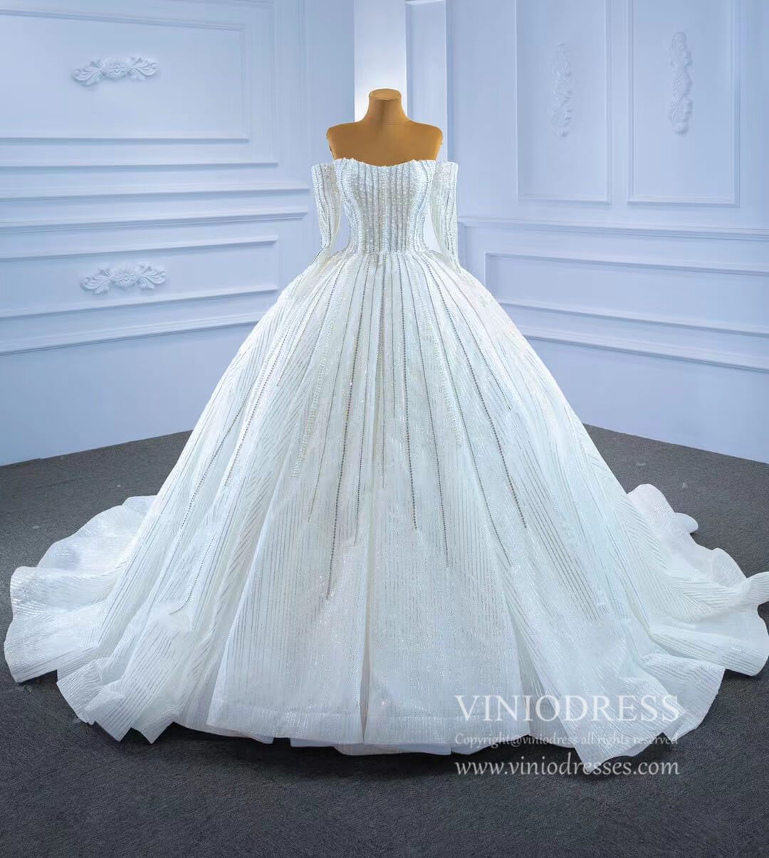 Beaded Off the Shoulder Long Sleeve Wedding Gown VW2036-wedding dresses 2025 -Viniodress-Ivory-Custom Size-