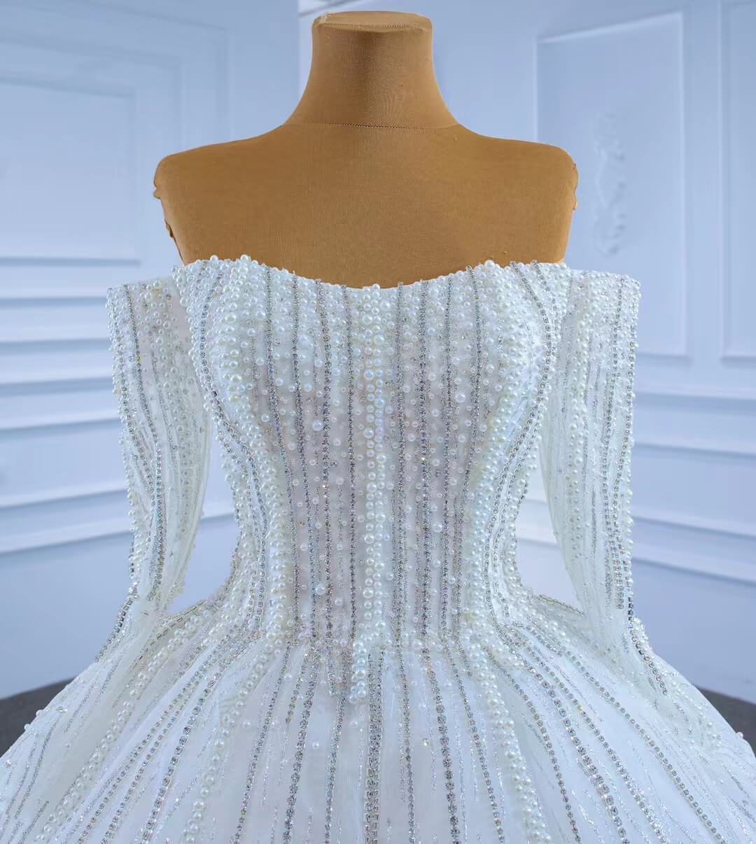 Beaded Off the Shoulder Long Sleeve Wedding Gown VW2036-wedding dresses 2025 -Viniodress-Ivory-Custom Size-