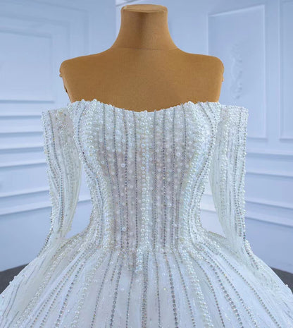 Beaded Off the Shoulder Long Sleeve Wedding Gown VW2036-wedding dresses 2025 -Viniodress-Ivory-Custom Size-