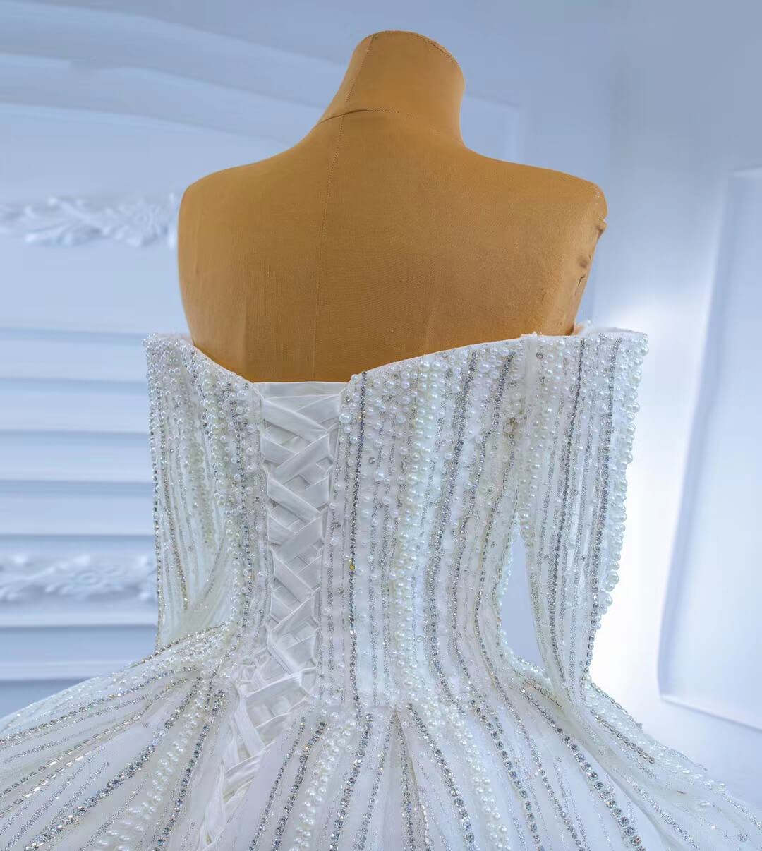 Beaded Off the Shoulder Long Sleeve Wedding Gown VW2036-wedding dresses 2025 -Viniodress-Ivory-Custom Size-