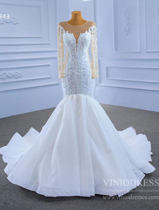 Beaded Off White Mermaid Wedding Dresses with Sleeves 67343-wedding dresses 2025 -Viniodress-As Picture-Custom Size-