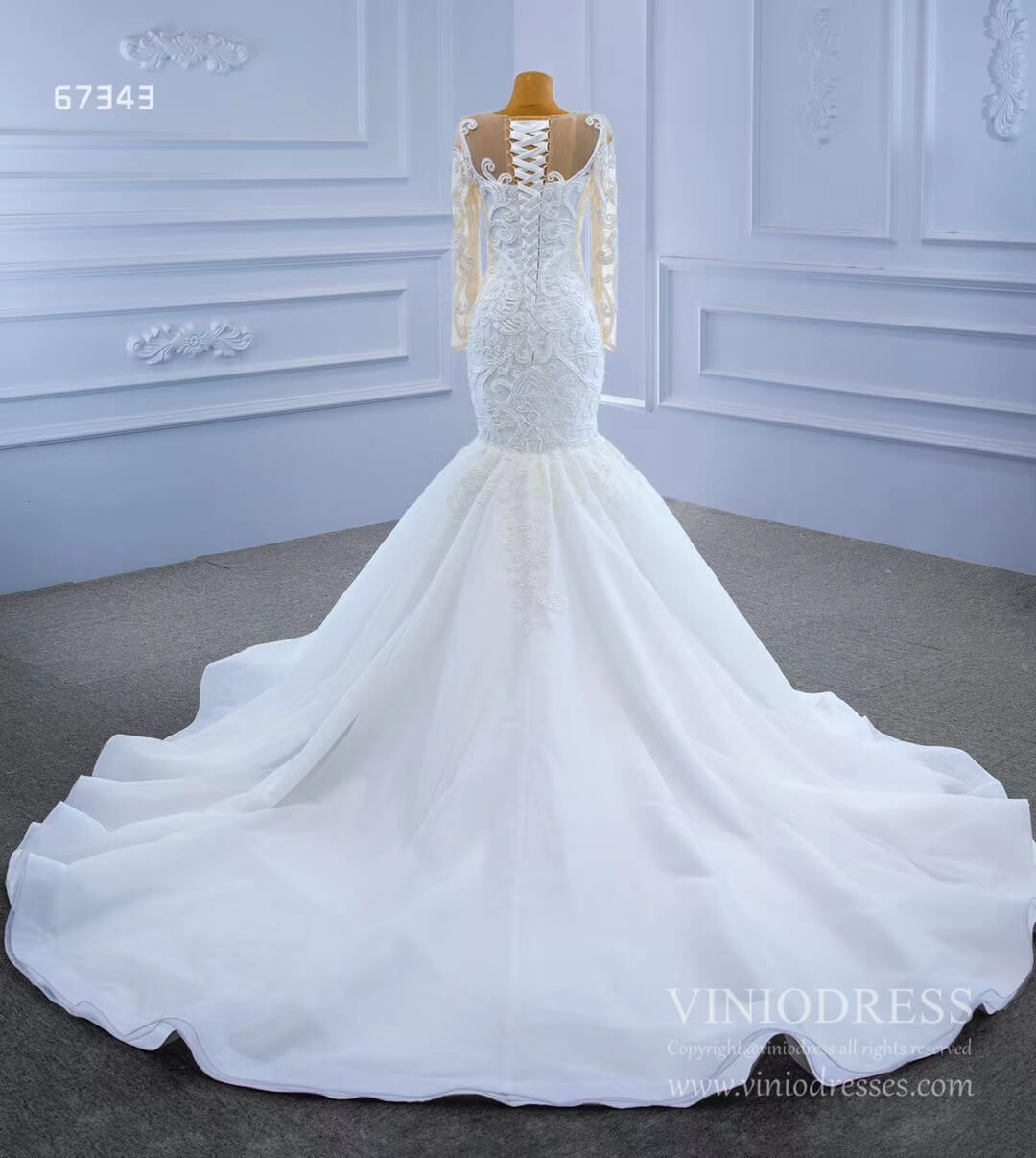 Beaded Off White Mermaid Wedding Dresses with Sleeves 67343-wedding dresses 2025 -Viniodress-As Picture-Custom Size-