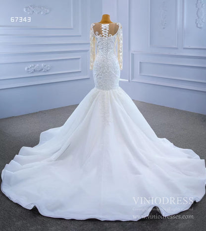 Beaded Off White Mermaid Wedding Dresses with Sleeves 67343-wedding dresses 2025 -Viniodress-As Picture-Custom Size-