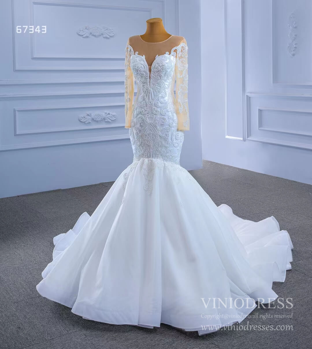 Beaded Off White Mermaid Wedding Dresses with Sleeves 67343-wedding dresses 2025 -Viniodress-As Picture-Custom Size-