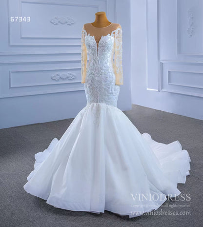 Beaded Off White Mermaid Wedding Dresses with Sleeves 67343-wedding dresses 2025 -Viniodress-As Picture-Custom Size-