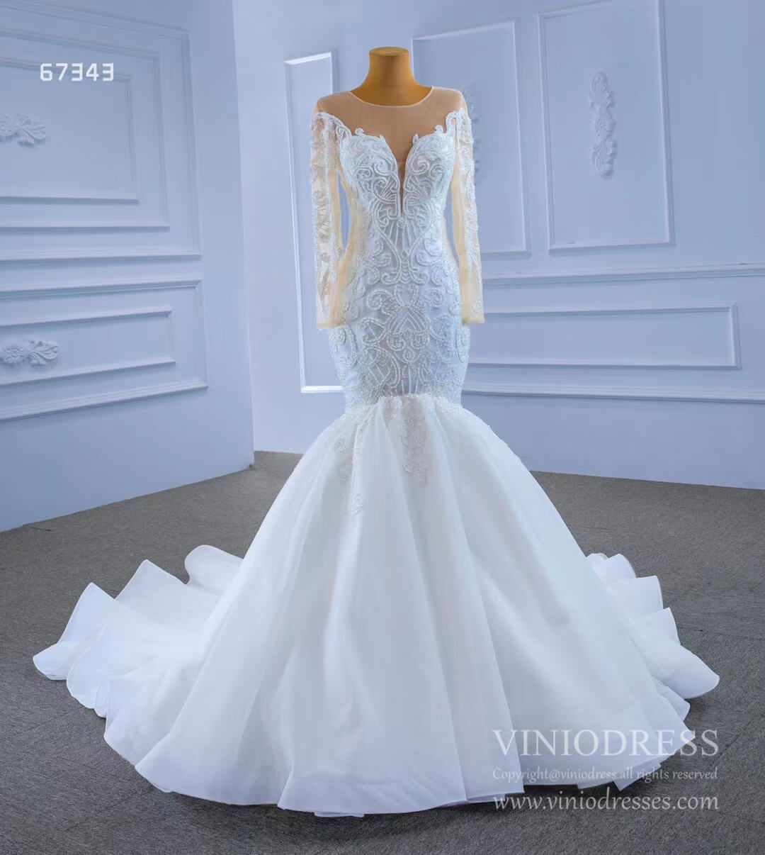 Beaded Off White Mermaid Wedding Dresses with Sleeves 67343-wedding dresses 2025 -Viniodress-As Picture-Custom Size-