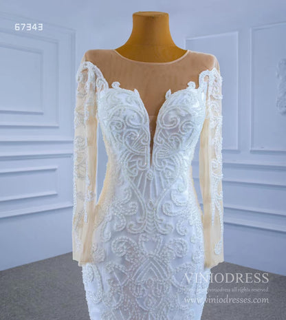 Beaded Off White Mermaid Wedding Dresses with Sleeves 67343-wedding dresses 2025 -Viniodress-As Picture-Custom Size-