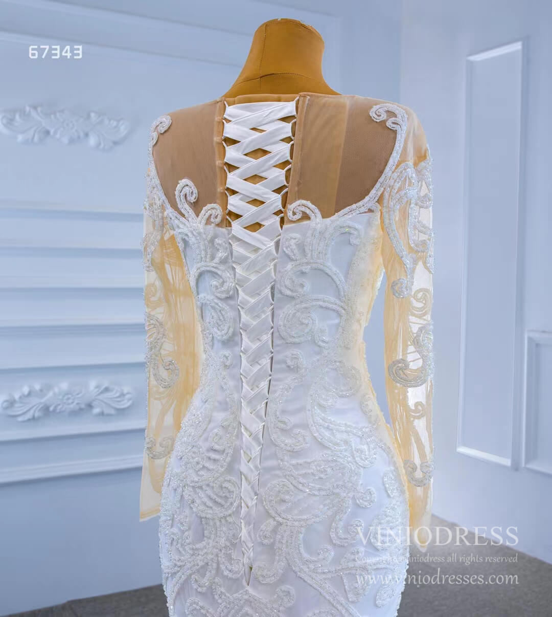 Beaded Off White Mermaid Wedding Dresses with Sleeves 67343-wedding dresses 2025 -Viniodress-As Picture-Custom Size-