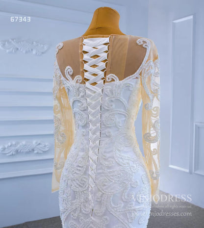 Beaded Off White Mermaid Wedding Dresses with Sleeves 67343-wedding dresses 2025 -Viniodress-As Picture-Custom Size-