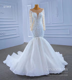 Beaded Off White Mermaid Wedding Dresses with Sleeves 67343-wedding dresses-Viniodress-Viniodress