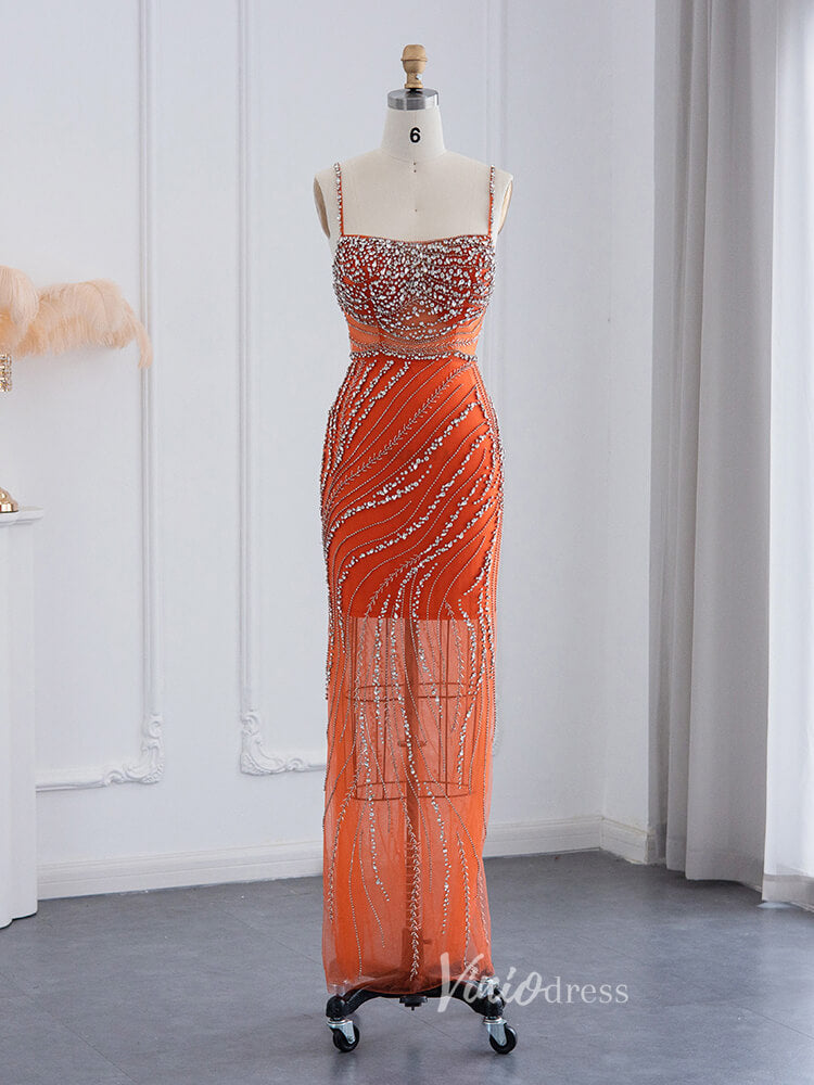 Beaded Orange Evening Dress Spaghetti Strap Sheath Prom Dresses 20094-prom dresses-Viniodress-Orange-US 2-Viniodress