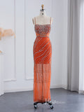 Beaded Orange Evening Dress Spaghetti Strap Sheath Prom Dresses 20094