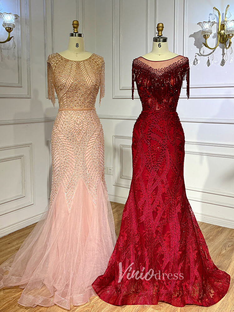 Beaded Pink Lace Mermaid Prom Dresses Red Pageant Dresses 20023-prom dresses-Viniodress-As Picture-US 2-Viniodress