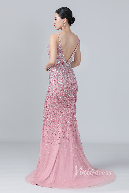 Beaded Pink Sheath Prom Dress with Slit V-neck Long Evening Dress FD2785-prom dresses-Viniodress-Viniodress