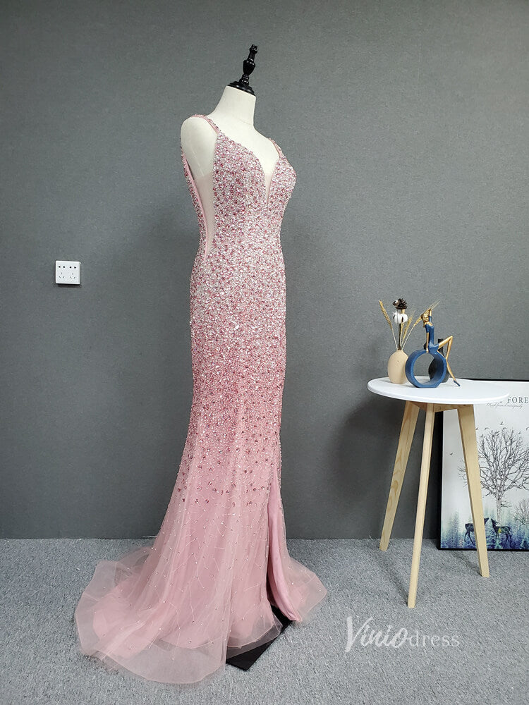 Beaded Pink Sheath Prom Dress with Slit V-neck Long Evening Dress FD2785-prom dresses-Viniodress-Viniodress