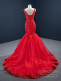 Beaded Red Mermaid Prom Dresses Plunging V-neck Formal Dress 67151 viniodress-prom dresses-Viniodress-Viniodress