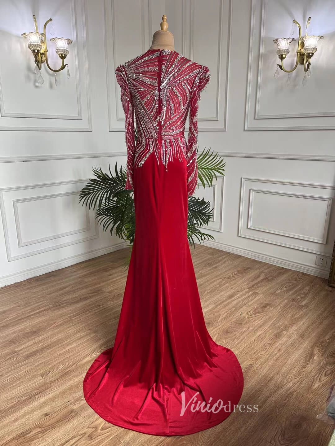 Beaded Red Prom Dresses Sheath Long Sleeve Evening Dress 20072-prom dresses-Viniodress-Viniodress