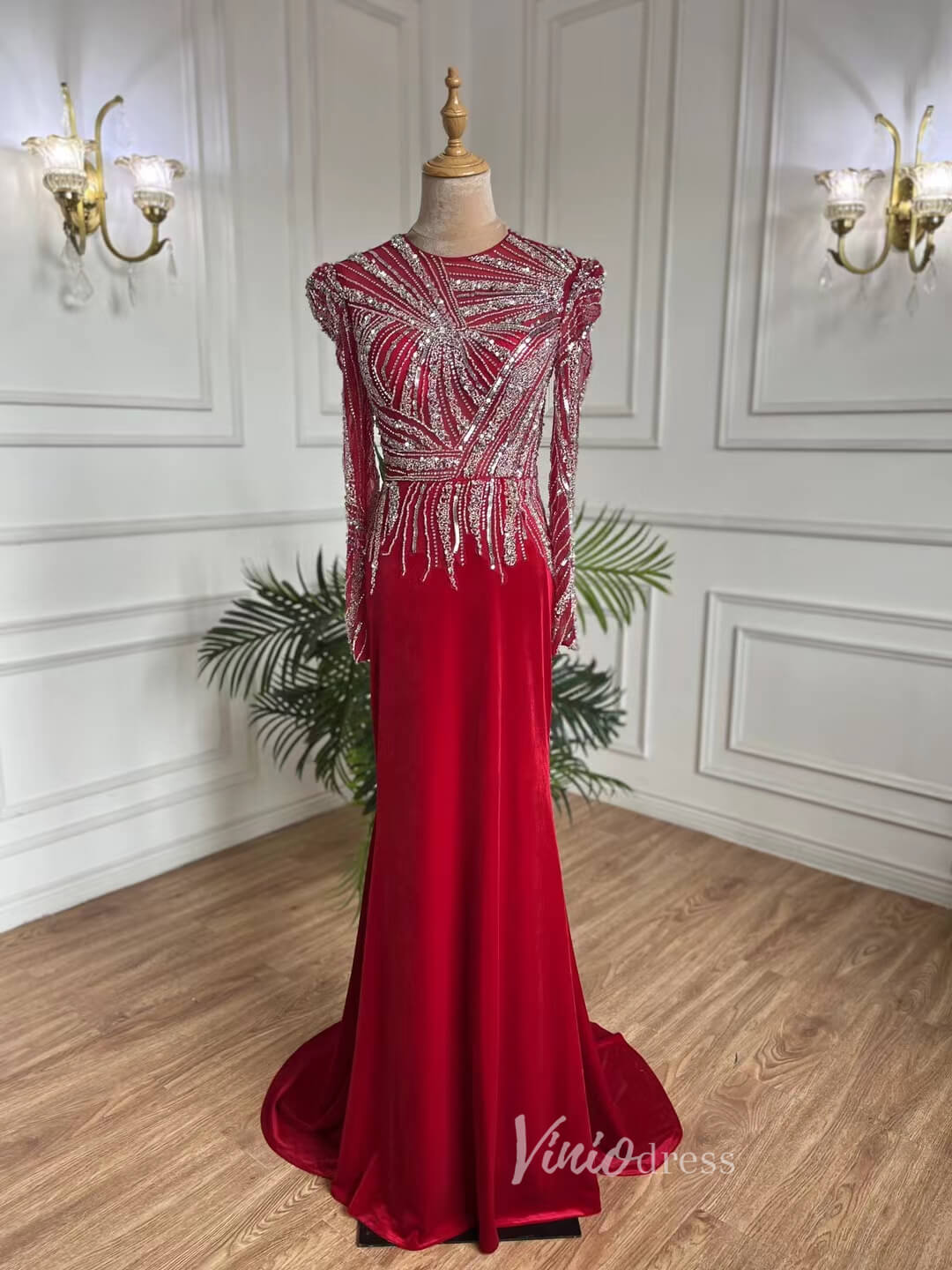 Beaded Red Prom Dresses Sheath Long Sleeve Evening Dress 20072-prom dresses-Viniodress-Red-US 2-Viniodress