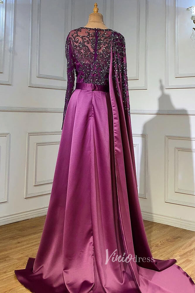 Beaded Satin Purple Evening Dresses Long Sleeve Pageant Dress FD3000-prom dresses-Viniodress-Viniodress
