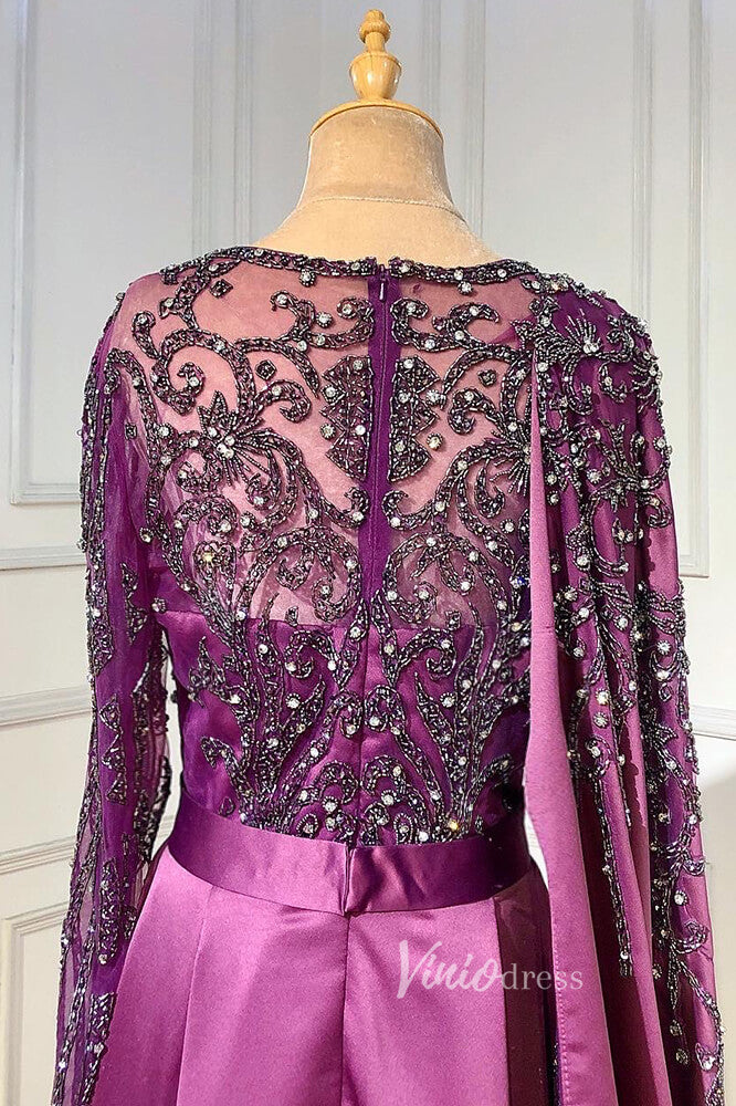 Beaded Satin Purple Evening Dresses Long Sleeve Pageant Dress FD3000-prom dresses-Viniodress-Viniodress