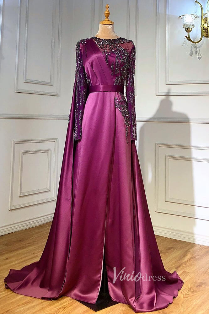 Beaded Satin Purple Evening Dresses Long Sleeve Pageant Dress FD3000-prom dresses-Viniodress-Purple-US 2-Viniodress