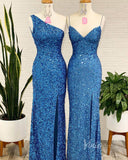 Beaded Sequin Blue Mermaid Prom Dress with Slit FD2836-prom dresses-Viniodress-Viniodress