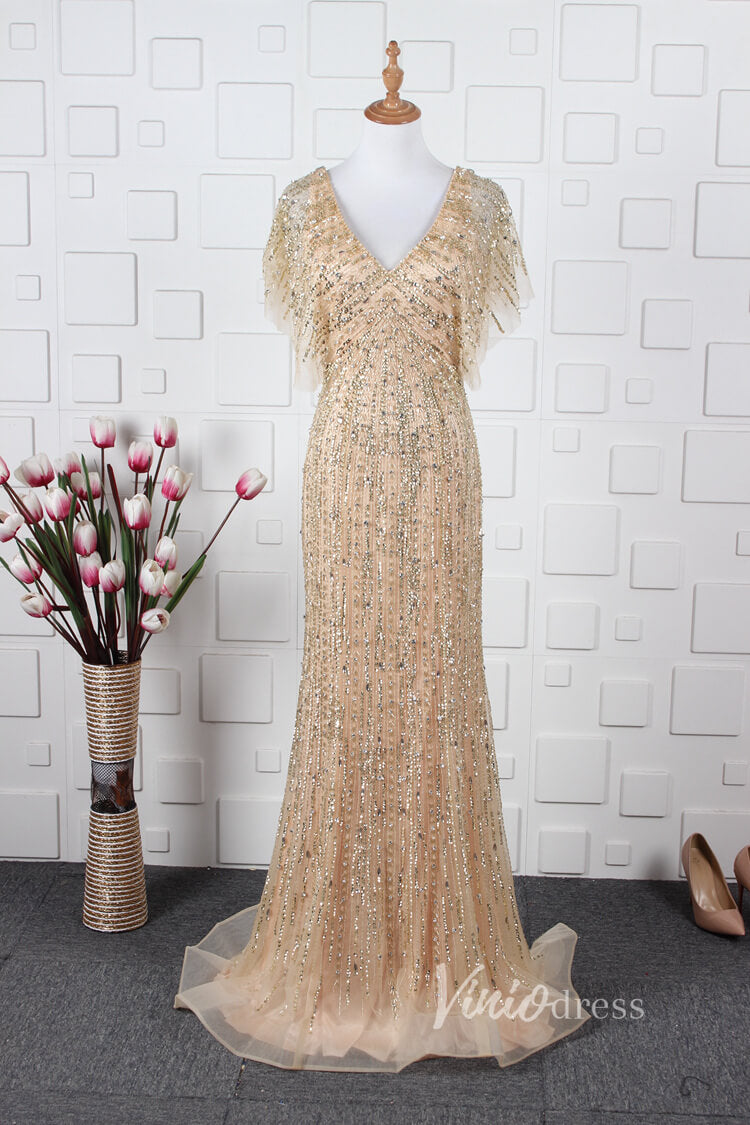 Beaded Sheath Mother of Bride Dress V-neck Prom Dresses FD2821-prom dresses-Viniodress-Gold-US 2-Viniodress