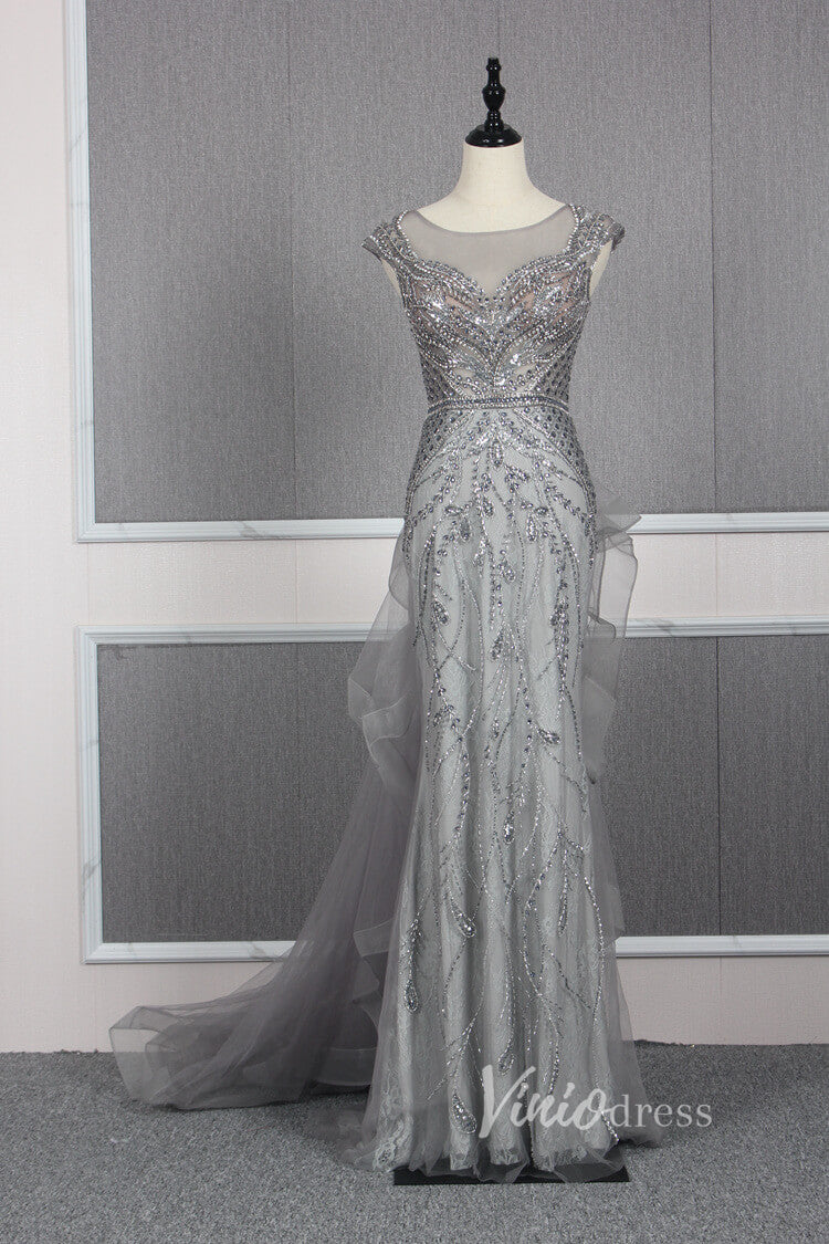 Beaded Sheath Prom Dresses Overskirt Evening Dress FD2825-prom dresses-Viniodress-Grey-US 2-Viniodress