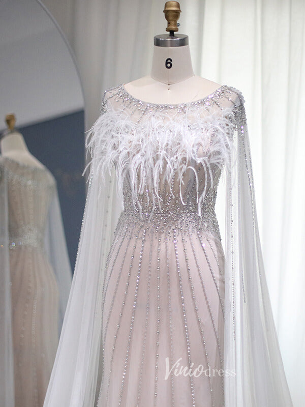 Beaded Silver Sheath Evening Dress Cape Sleeve Feather Prom Dresses 20091-prom dresses-Viniodress-Viniodress