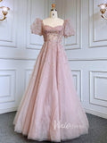 Beaded Sparkly Pink Prom Dresses Puffed Sleeve Princess Dress 20013