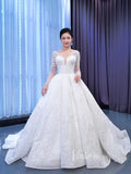 Beaded V-neck Ball Gown Wedding Dress with Sleeves 67364