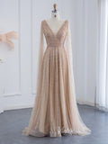 Beaded V-neck Prom Dresses Cape Sleeve Evening Gowns 20017B-prom dresses-Viniodress-Taupe-US 2-Viniodress