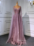 Beaded V-neck Prom Dresses Cape Sleeve Pageant Gowns 20017-prom dresses-Viniodress-Mauve-US 2-Viniodress