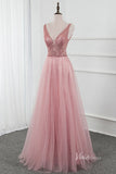 Beaded V-neck Tulle Prom Dress with Slit Pink Formal Dress FD2806-prom dresses-Viniodress-Viniodress