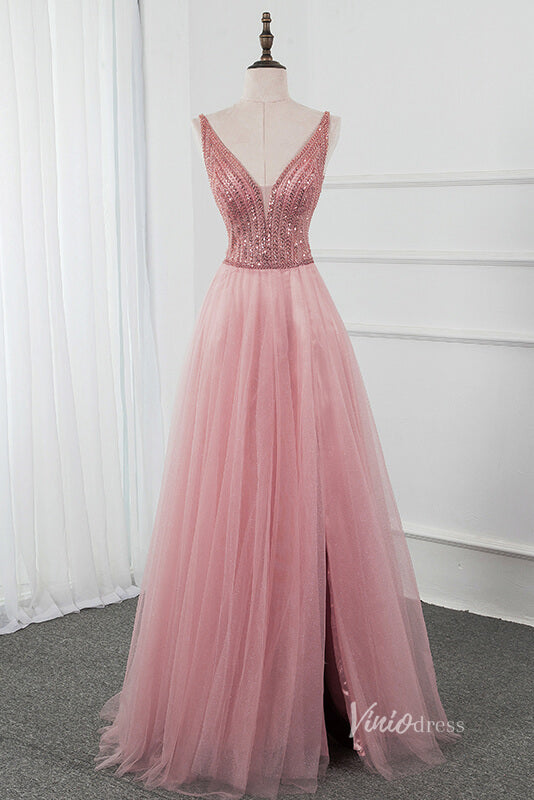 Beaded V-neck Tulle Prom Dress with Slit Pink Formal Dress FD2806-prom dresses-Viniodress-Pink-US 2-Viniodress