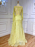 Beaded Yellow Lace Evening Dress Long Sleeve Sheath Prom Dresses 20024-prom dresses-Viniodress-Viniodress