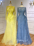 Beaded Yellow Lace Evening Dress Long Sleeve Sheath Prom Dresses 20024