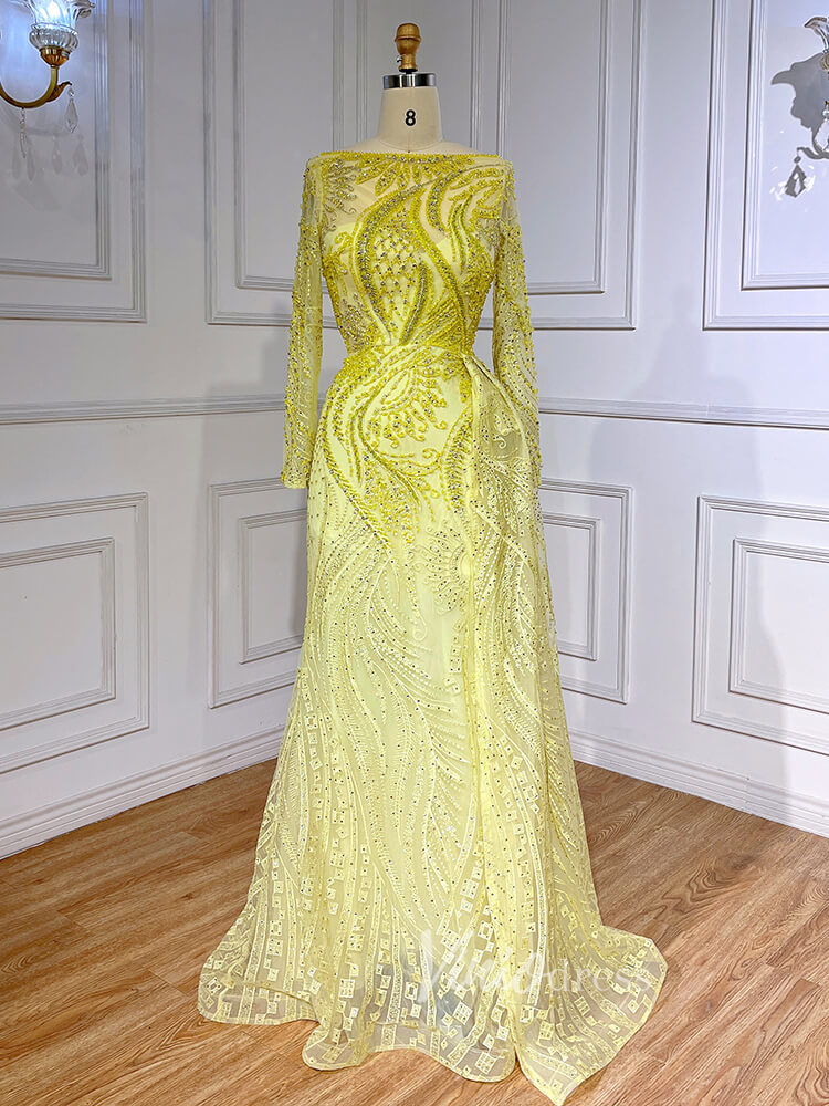 Beaded Yellow Lace Evening Dress Long Sleeve Sheath Prom Dresses 20024-prom dresses-Viniodress-Yellow-US 2-Viniodress