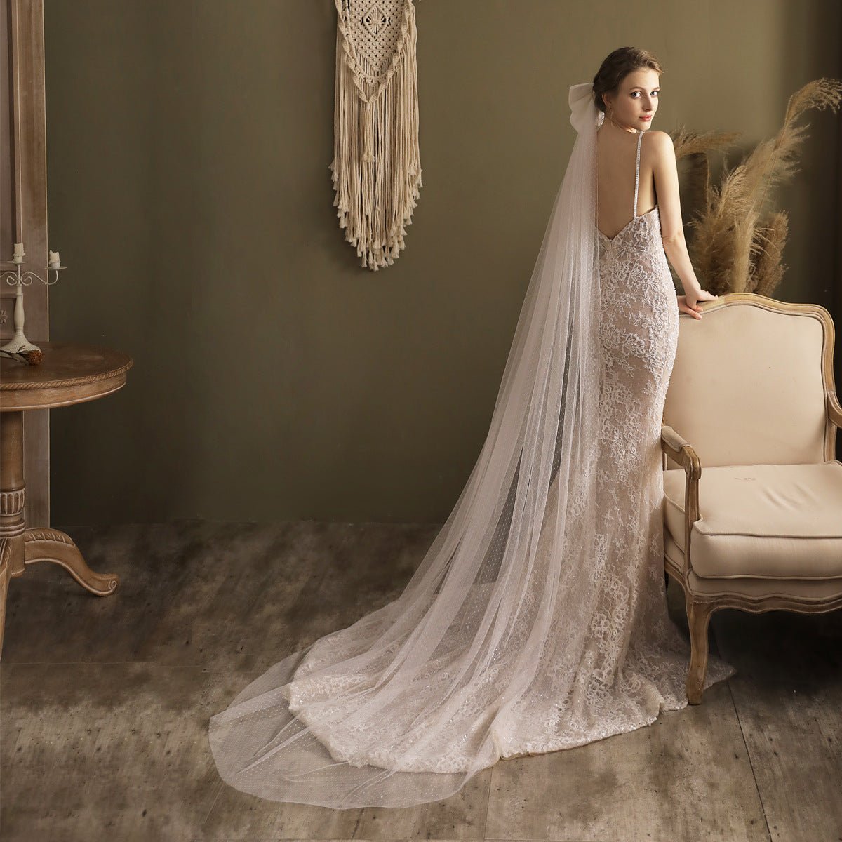 Big Bow Long Chapel Length Veil-Accessories 2025 -Viniodress-Ivory-