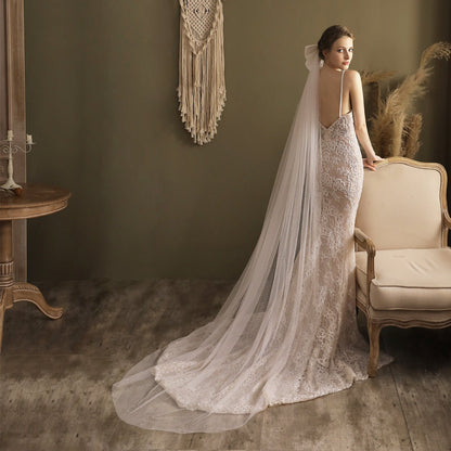 Big Bow Long Chapel Length Veil-Accessories 2025 -Viniodress-Ivory-
