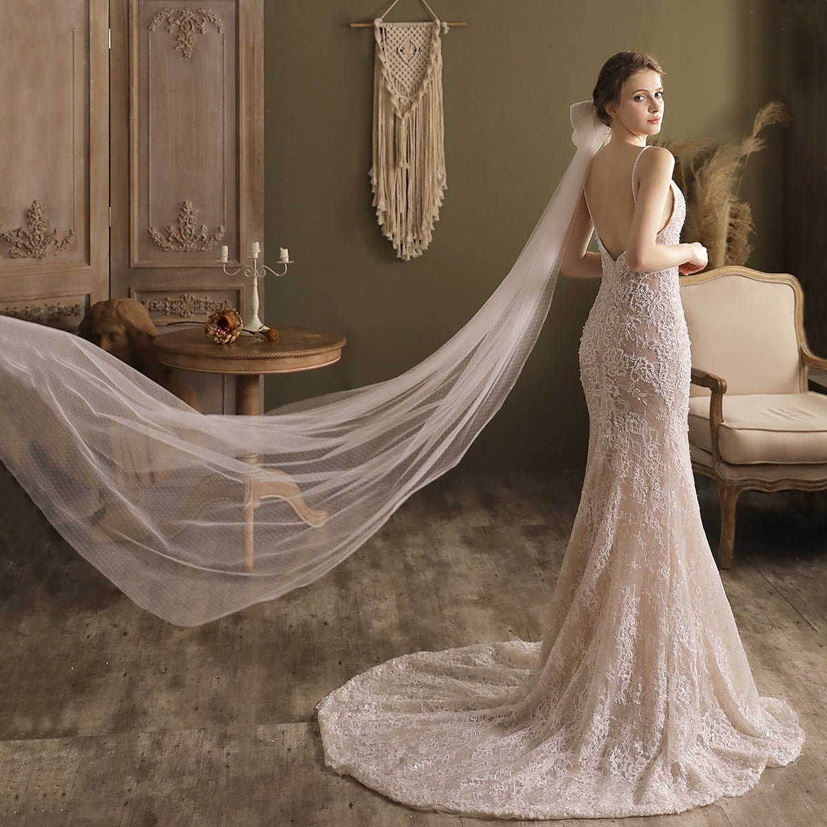 Big Bow Long Chapel Length Veil-Accessories 2025 -Viniodress-Ivory-
