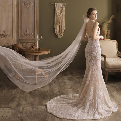 Big Bow Long Chapel Length Veil-Accessories 2025 -Viniodress-Ivory-