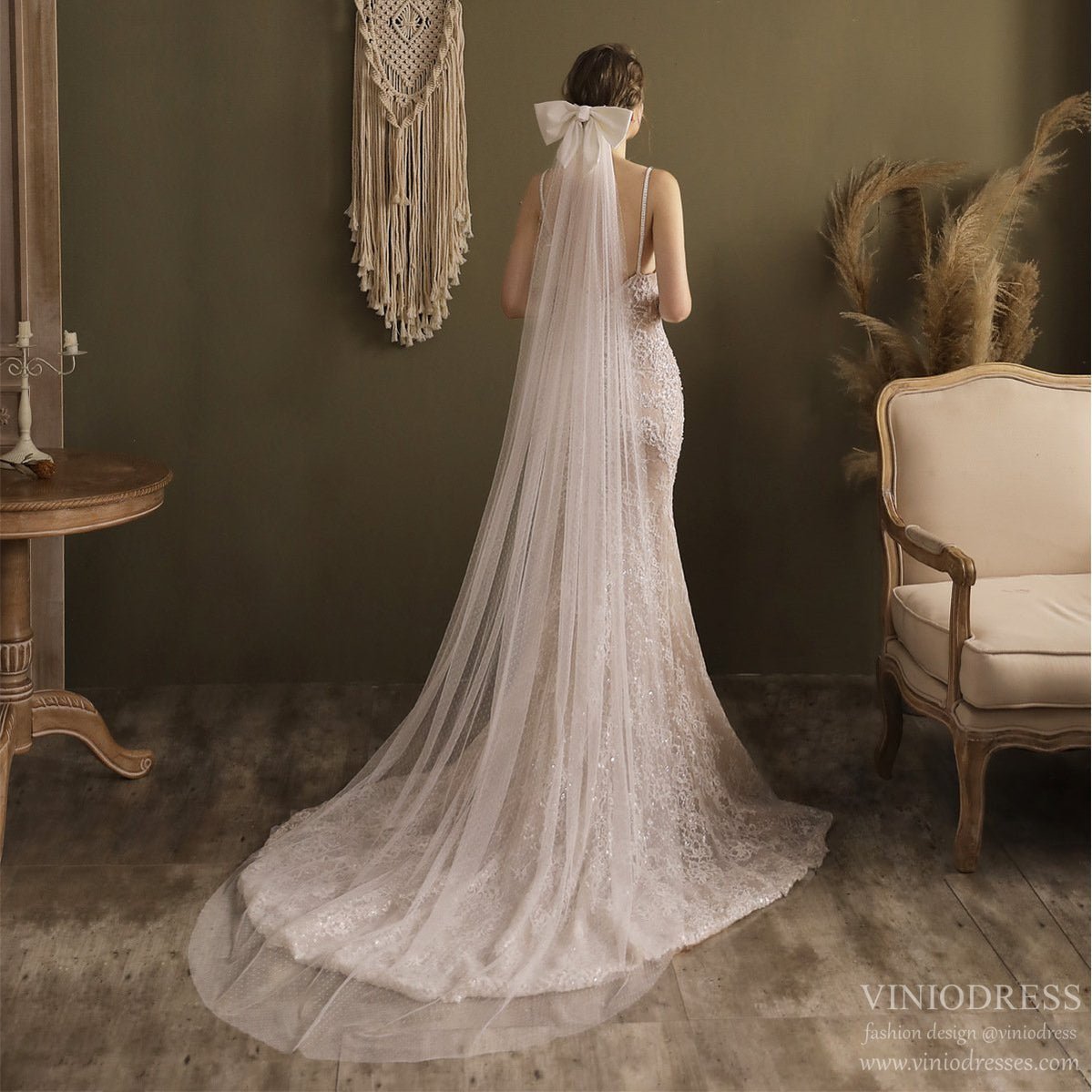 Big Bow Long Chapel Length Veil-Accessories 2025 -Viniodress-Ivory-