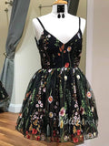 Black Floral Homecoming Dresses Spaghetti Strap SD1082-homecoming dresses-Viniodress-Viniodress