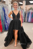 Black High-Low Ruffled Prom Dress with Plunging V-Neck and Lace Applique FD3483
