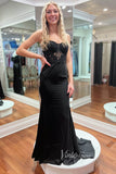 Black Lace Applique Mermaid Prom Dress with Spaghetti Strap and Corset Back FD3475